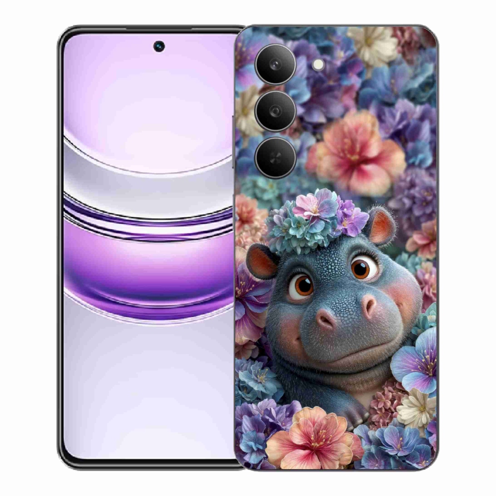 Gélový kryt mmCase na Realme 14x 5G - hrošík v kvetoch