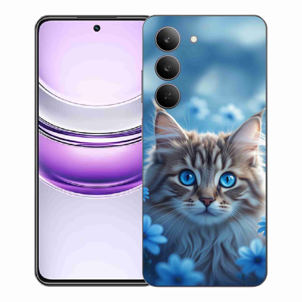Gélový kryt mmCase na Realme 14x 5G - mačiatko v modrých kvetoch