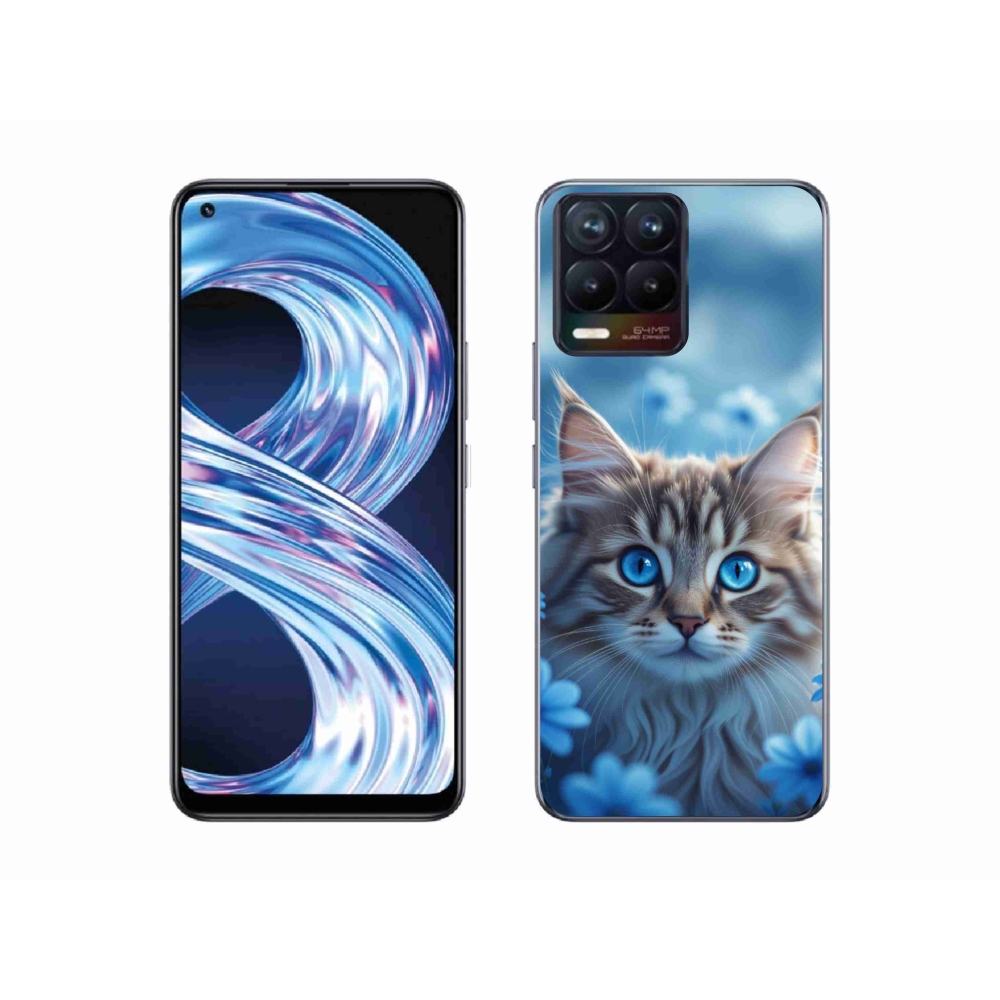Gélový kryt mmCase na Realme 8 4G - mačiatko v modrých kvetoch
