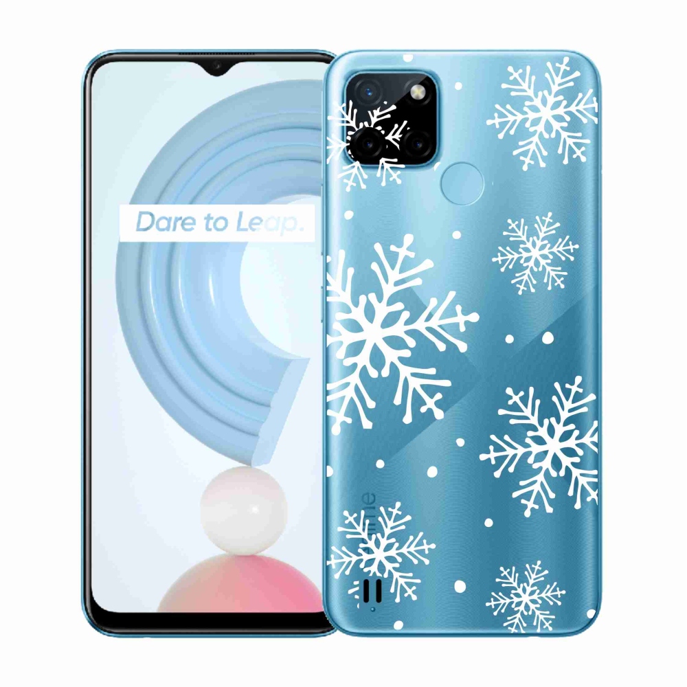 Gélový kryt mmCase na Realme C21Y/C25Y - biele vločky na priehľadnom pozadí