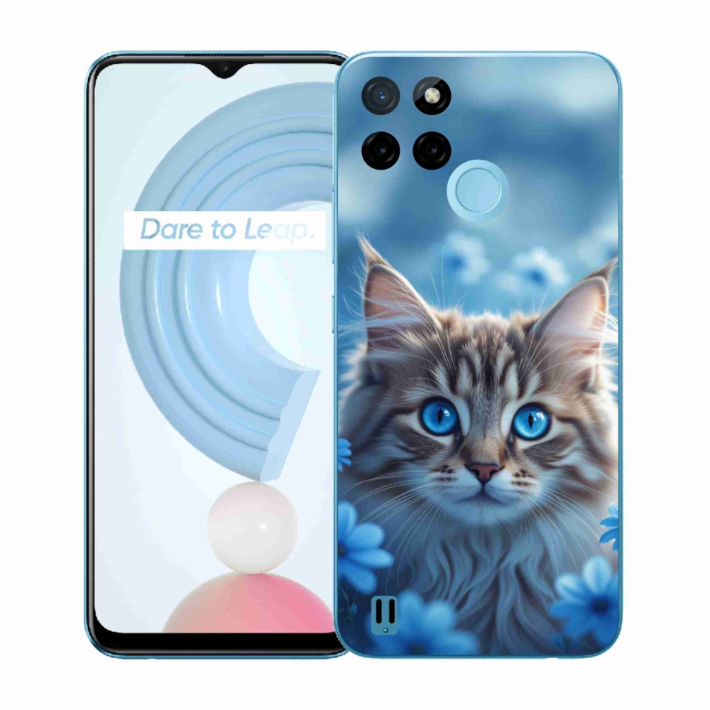 Gélový kryt mmCase na Realme C21Y/C25Y - mačiatko v modrých kvetoch