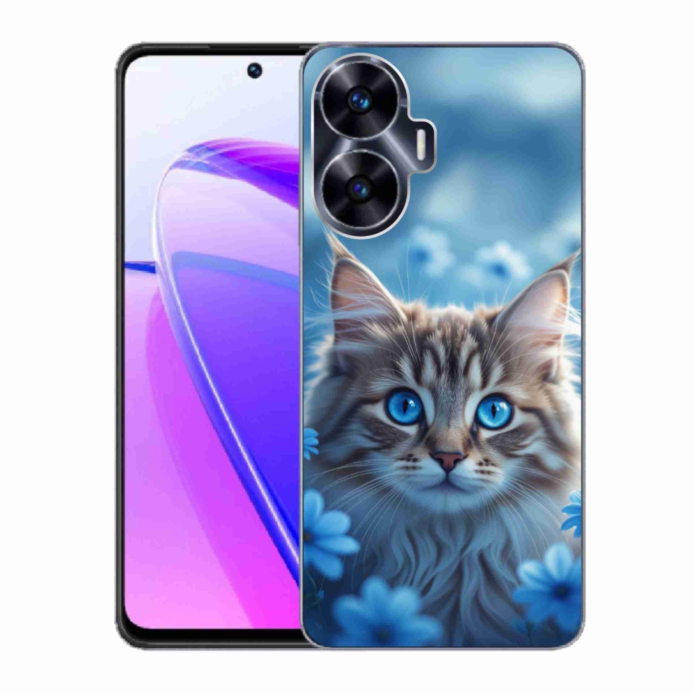 Gélový kryt mmCase na Realme C55 - mačiatko v modrých kvetoch
