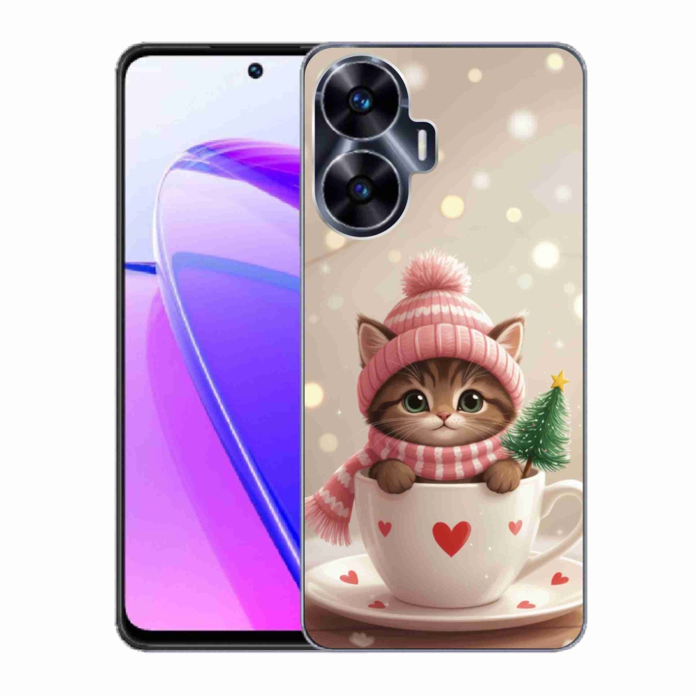 Gélový kryt mmCase na Realme C55 - vianočné mačiatko v hrnčeku