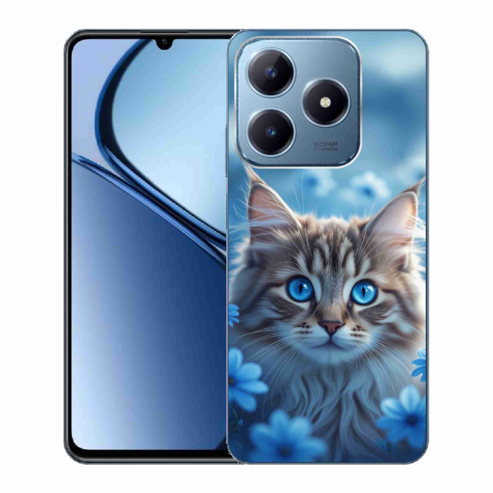 Gélový kryt mmCase na Realme C63 - mačiatko v modrých kvetoch