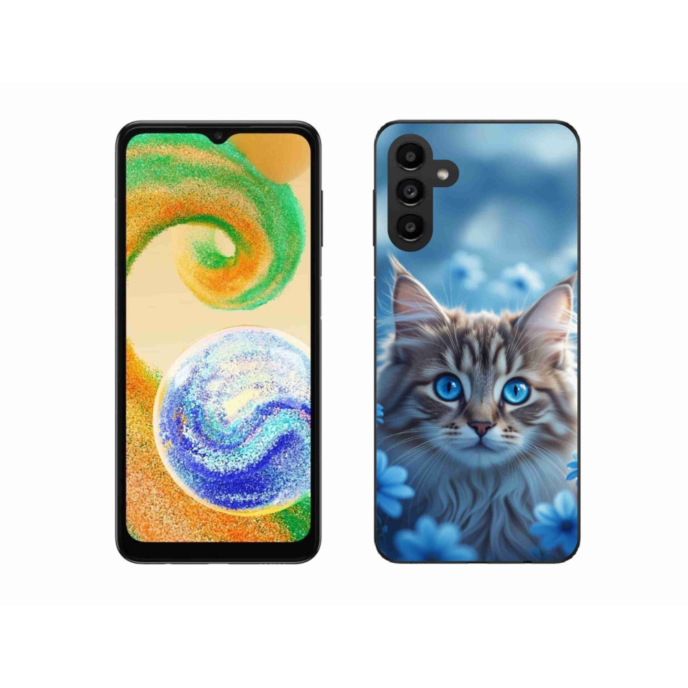 Gélový kryt mmCase na Samsung Galaxy A04s (164,7 x76, 7x9, 1 mm) - mačiatko v modrých kvetoch
