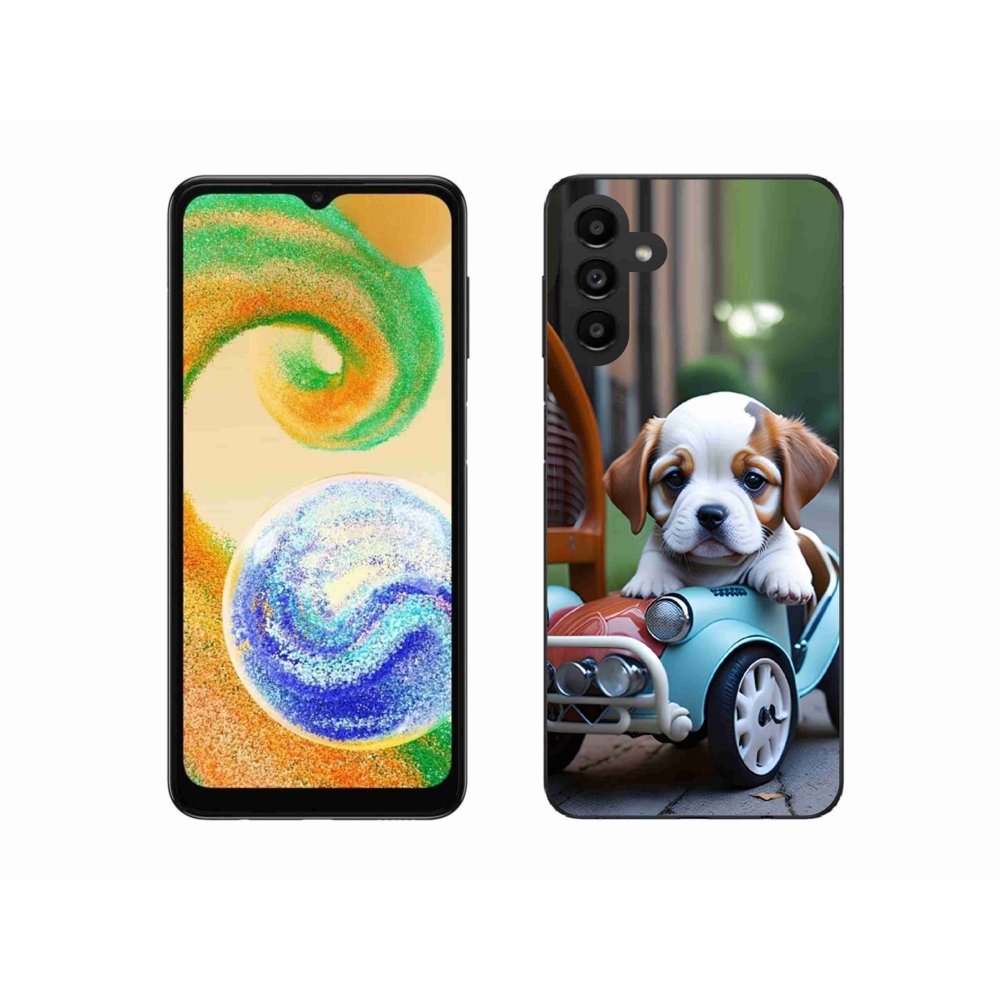 Gélový kryt mmCase na Samsung Galaxy A04s (164,7 x76, 7x9, 1 mm) - šteňa v retro aute