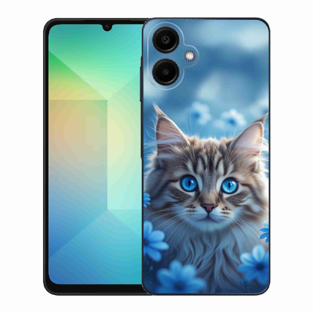 Gélový kryt mmCase na Samsung Galaxy A06 - mačiatko v modrých kvetoch