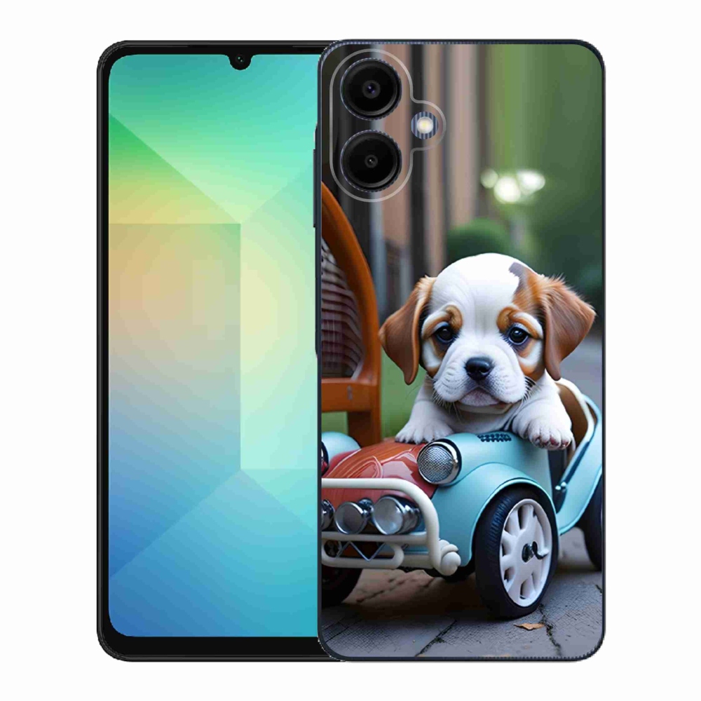 Gélový kryt mmCase na Samsung Galaxy A06 - šteňa v retro aute