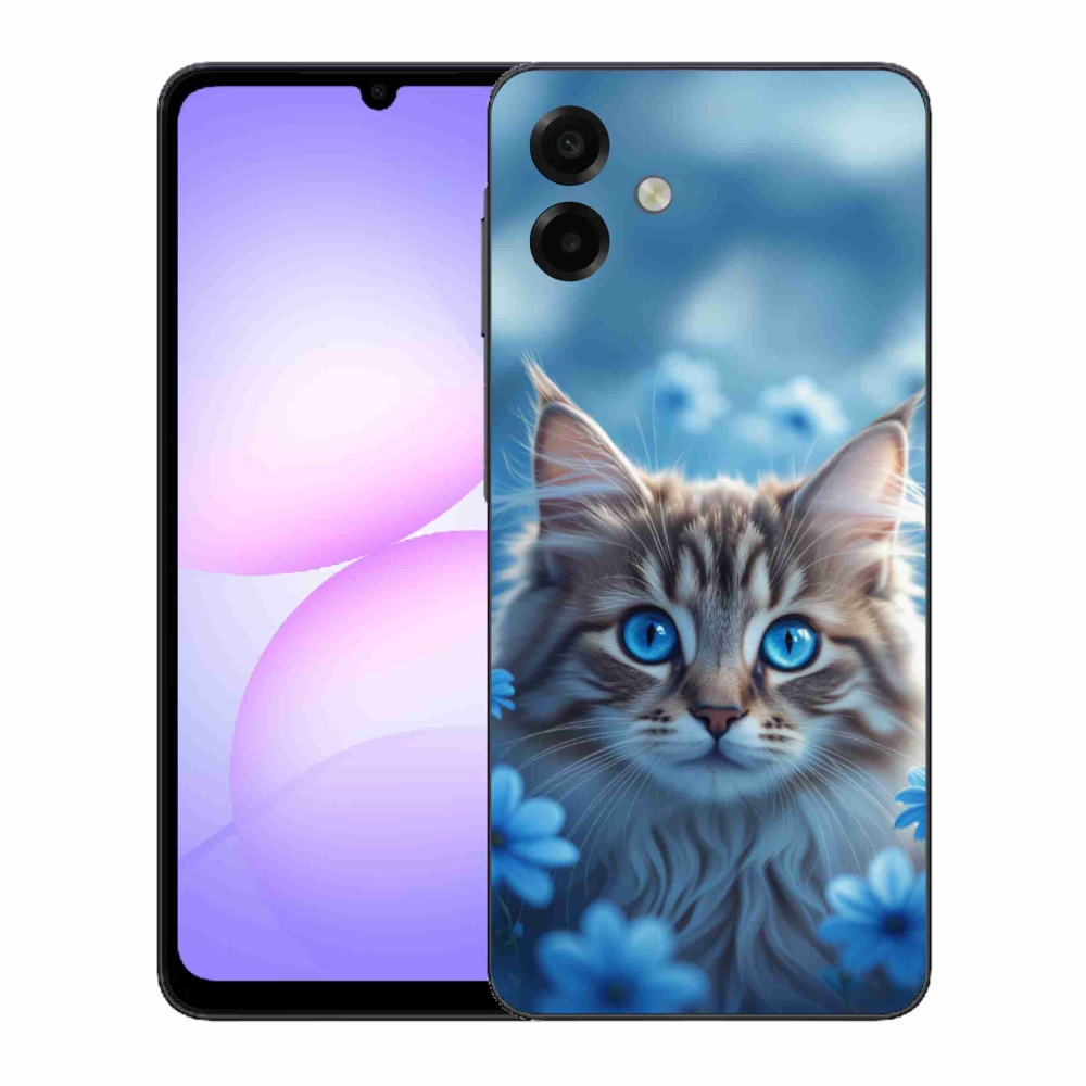 Gélový kryt mmCase na Samsung Galaxy A07 - mačiatko v modrých kvetoch