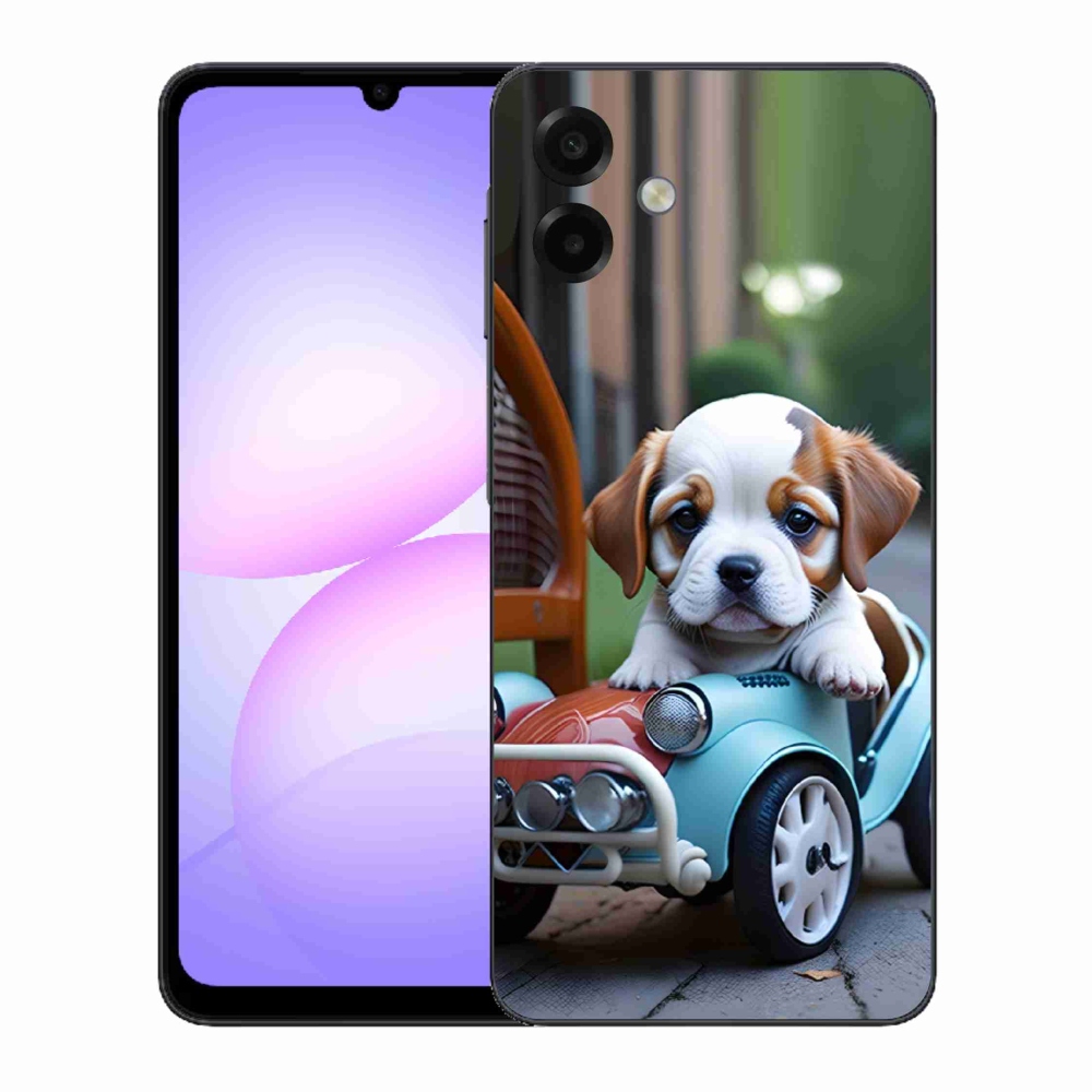 Gélový kryt mmCase na Samsung Galaxy A07 - šteňa v retro aute