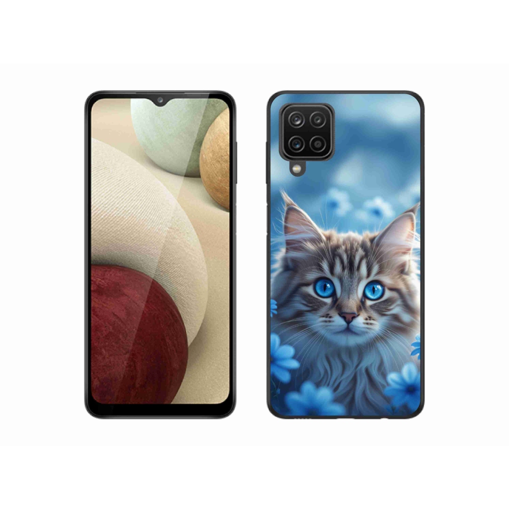 Gélový kryt mmCase na Samsung Galaxy A12 - mačiatko v modrých kvetoch