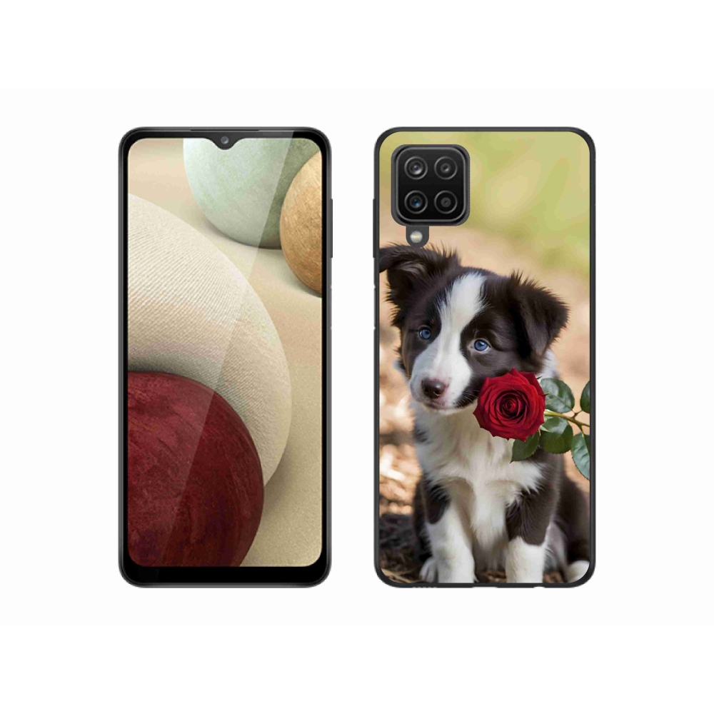 Gélový kryt mmCase na Samsung Galaxy A12 - roztomilá border kólia s ružou