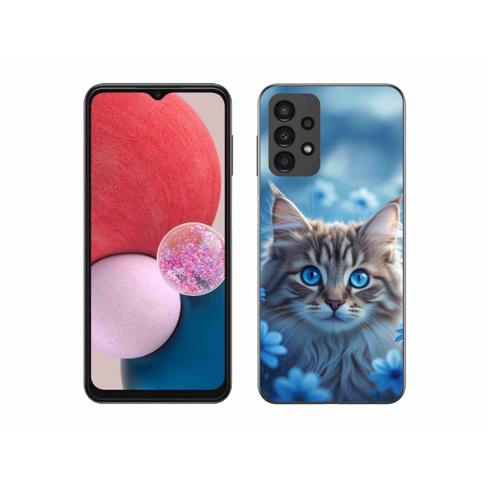 Gélový kryt mmCase na Samsung Galaxy A13 - mačiatko v modrých kvetoch