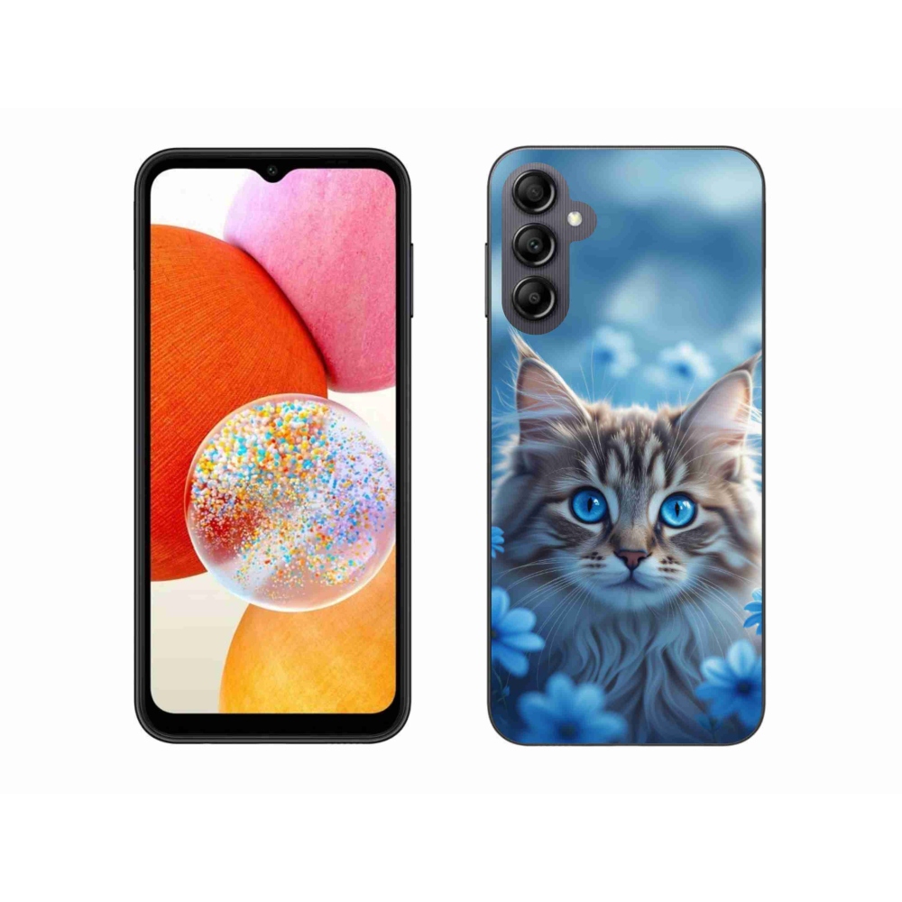 Gélový kryt mmCase na Samsung Galaxy A14 4G/5G - mačiatko v modrých kvetoch