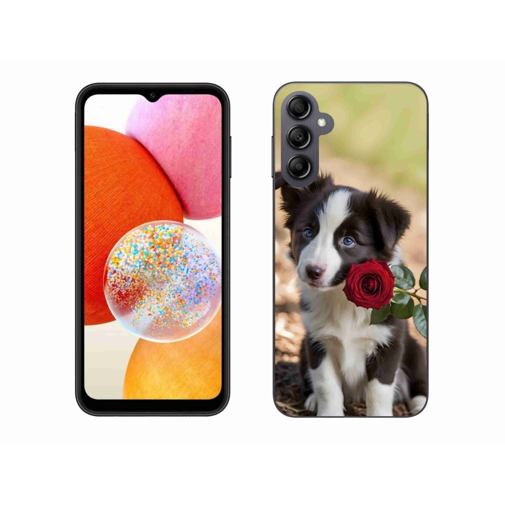 Gélový kryt mmCase na Samsung Galaxy A14 4G/5G - roztomilá border kólia s ružou