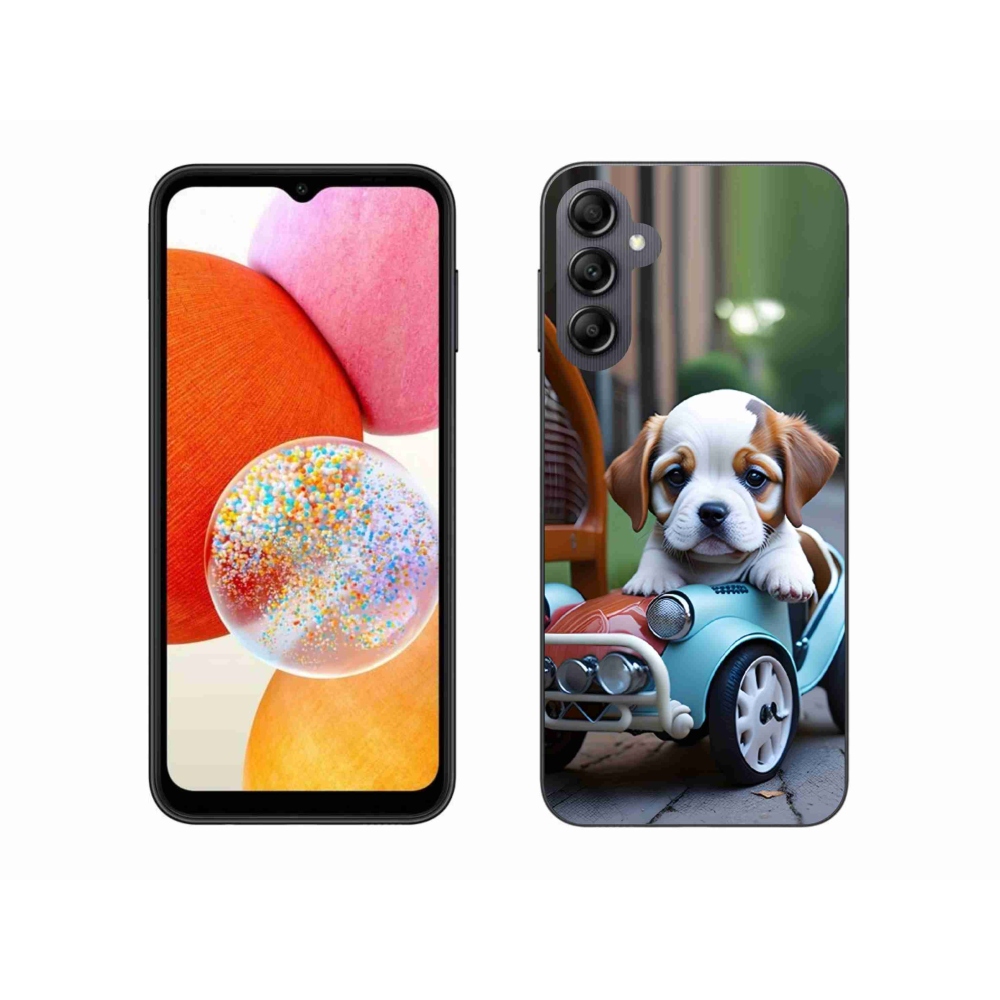 Gélový kryt mmCase na Samsung Galaxy A14 4G/5G - šteňa v retro aute