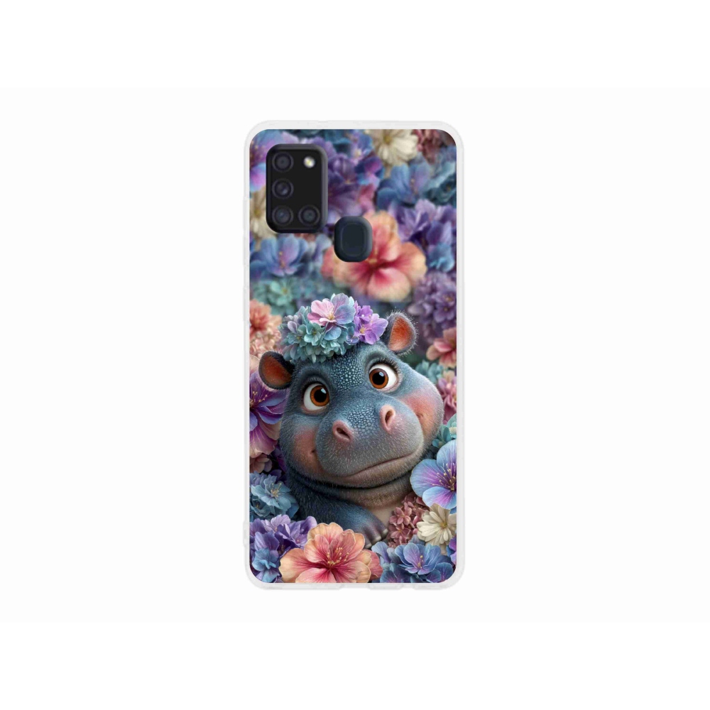 Gélový kryt mmCase na Samsung Galaxy A21s - hrošík v kvetoch