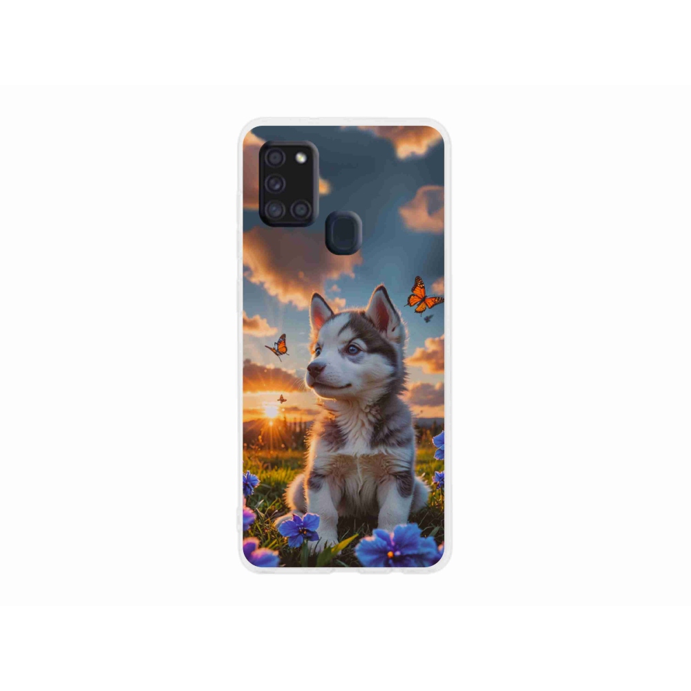 Gélový kryt mmCase na Samsung Galaxy A21s - husky pri západe slnka
