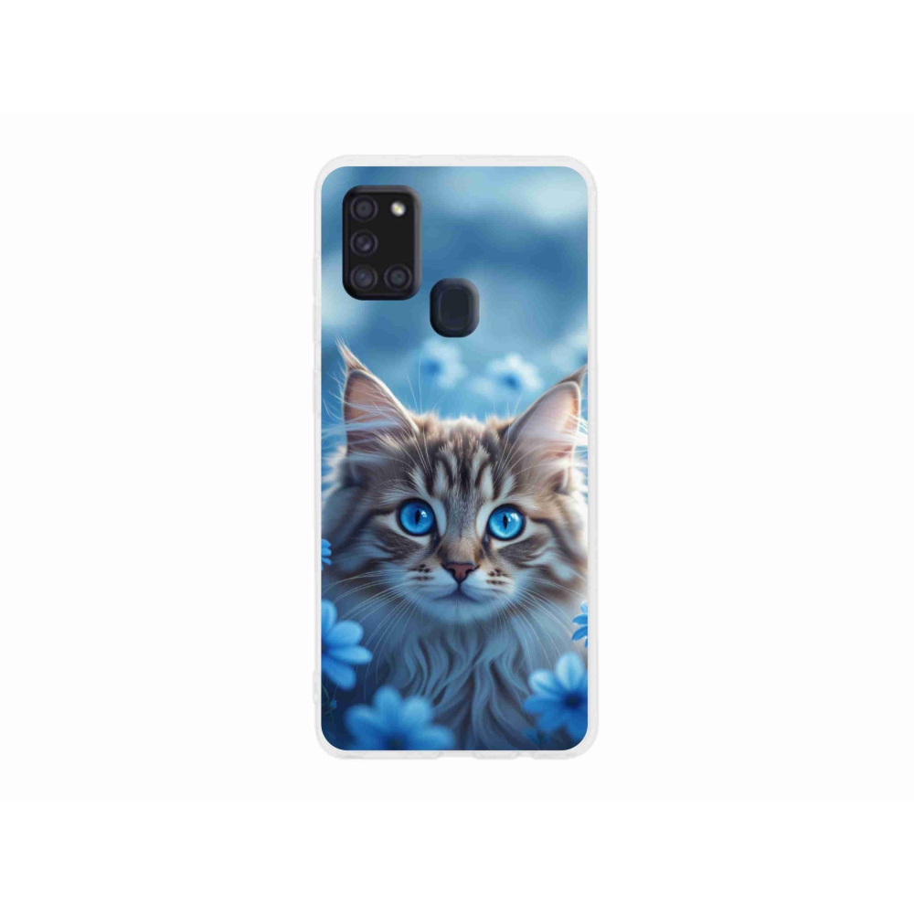 Gélový kryt mmCase na Samsung Galaxy A21s - mačiatko v modrých kvetoch