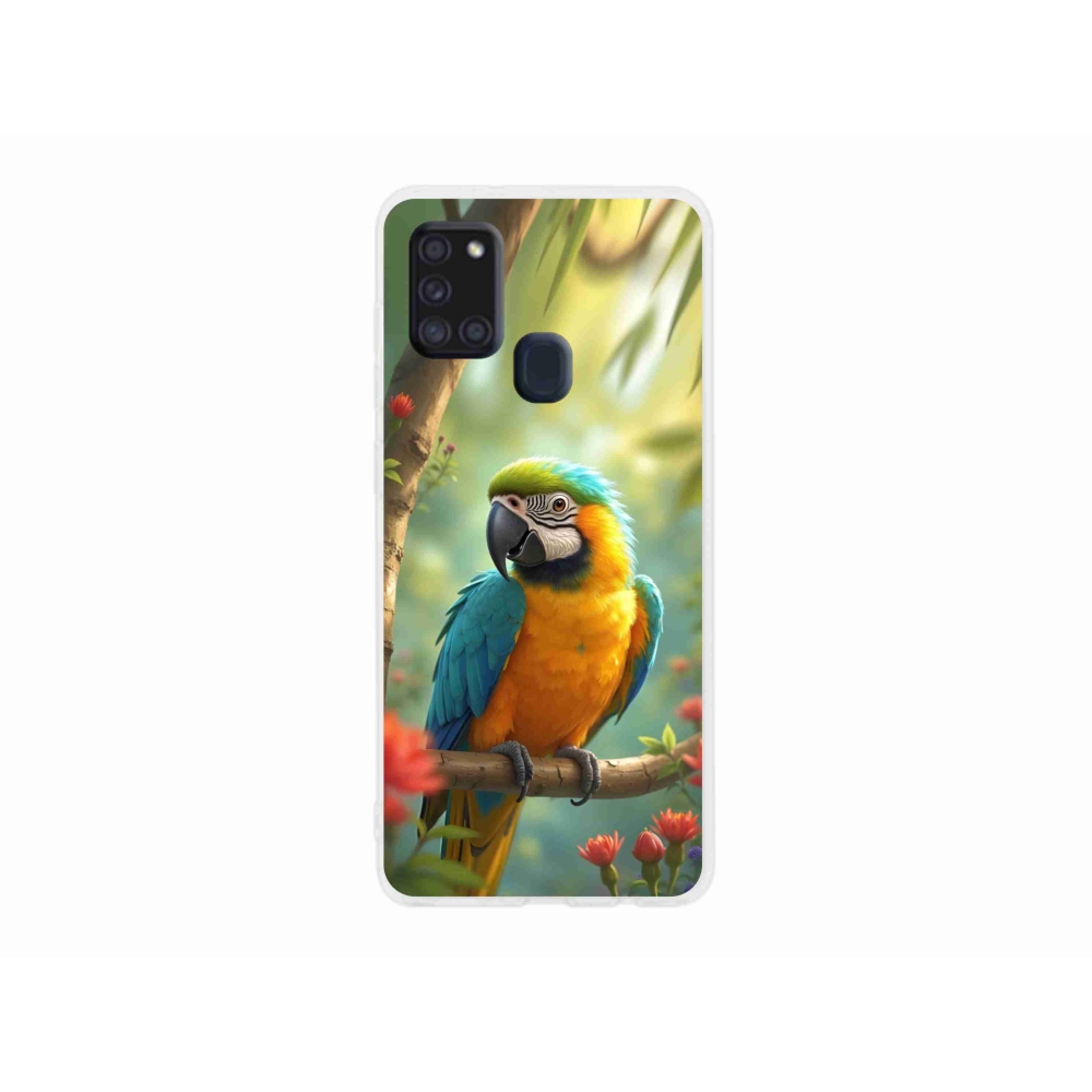 Gélový kryt mmCase na Samsung Galaxy A21s - papagáj ara modrožltá