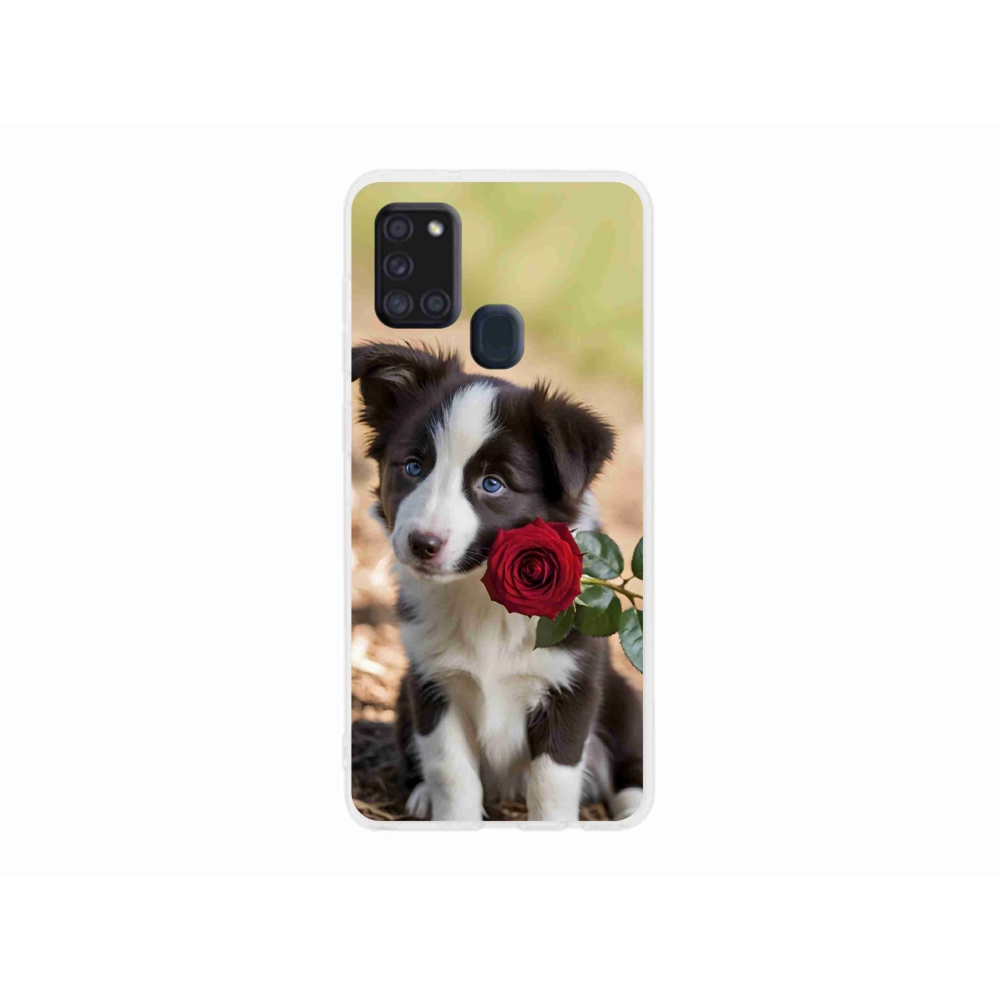 Gélový kryt mmCase na Samsung Galaxy A21s - roztomilá border kólia s ružou