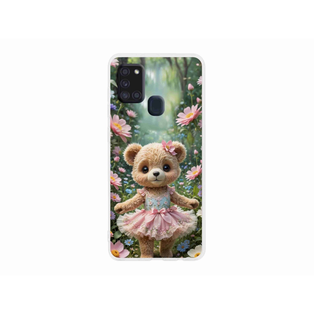 Gélový kryt mmCase na Samsung Galaxy A21s - roztomilý medvedík v kvetoch