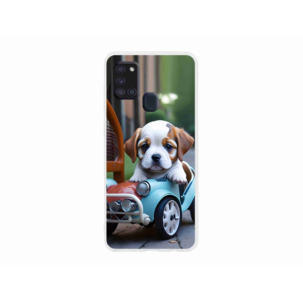 Gélový kryt mmCase na Samsung Galaxy A21s - šteňa v retro aute