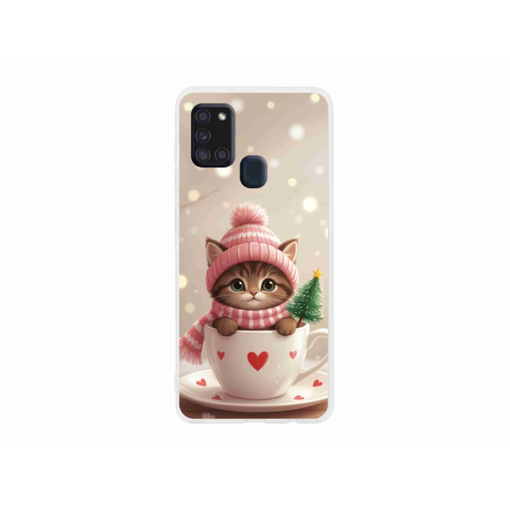 Gélový kryt mmCase na Samsung Galaxy A21s - vianočné mačiatko v hrnčeku