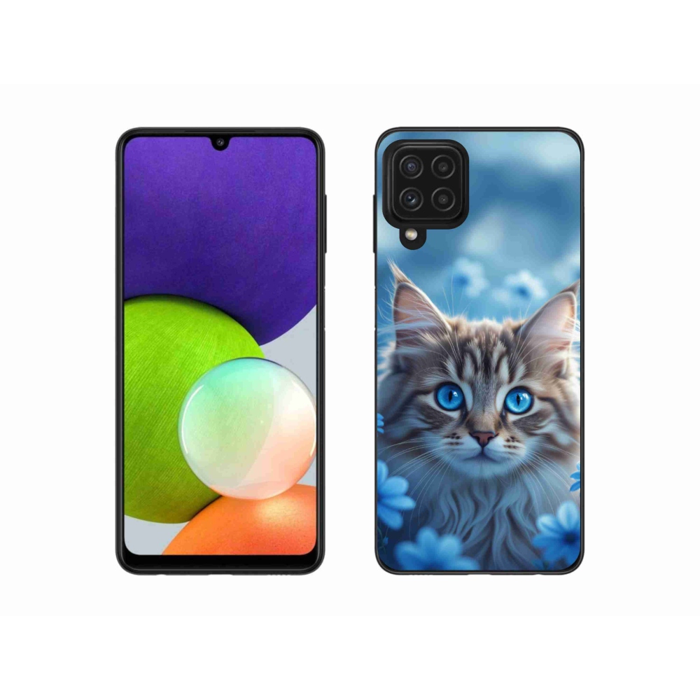 Gélový kryt mmCase na Samsung Galaxy A22 4G - mačiatko v modrých kvetoch