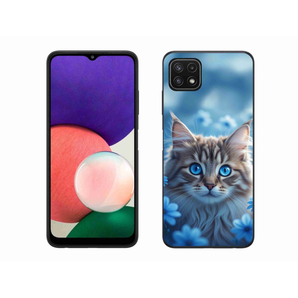 Gélový kryt mmCase na Samsung Galaxy A22 5G - mačiatko v modrých kvetoch