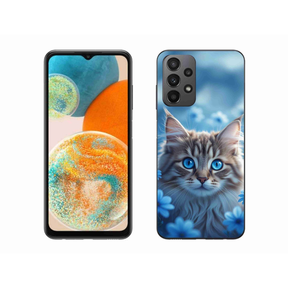 Gélový kryt mmCase na Samsung Galaxy A23 4G/5G - mačiatko v modrých kvetoch