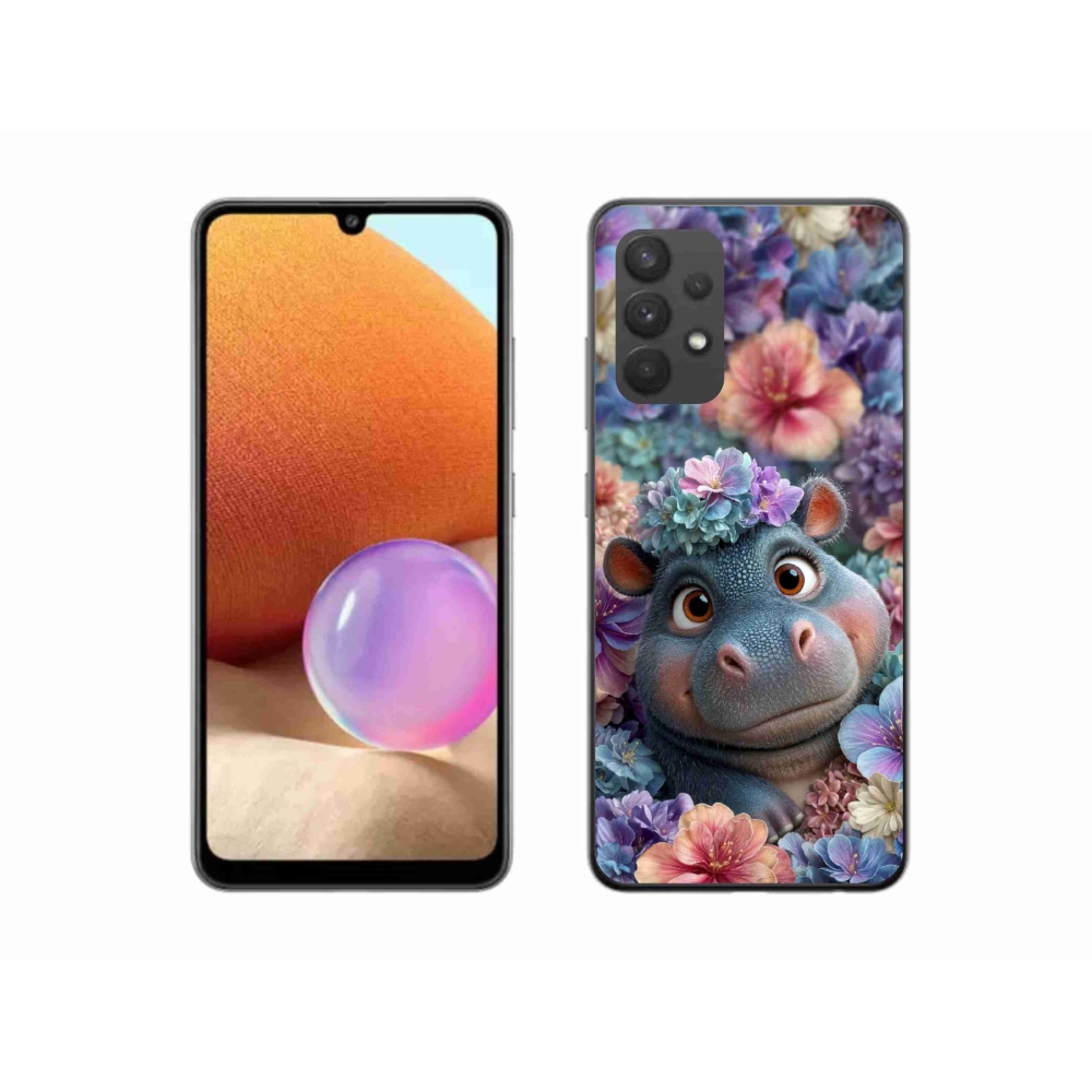 Gélový kryt mmCase na Samsung Galaxy A32 4G - hrošík v kvetoch