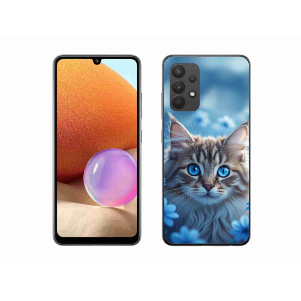 Gélový kryt mmCase na Samsung Galaxy A32 4G - mačiatko v modrých kvetoch