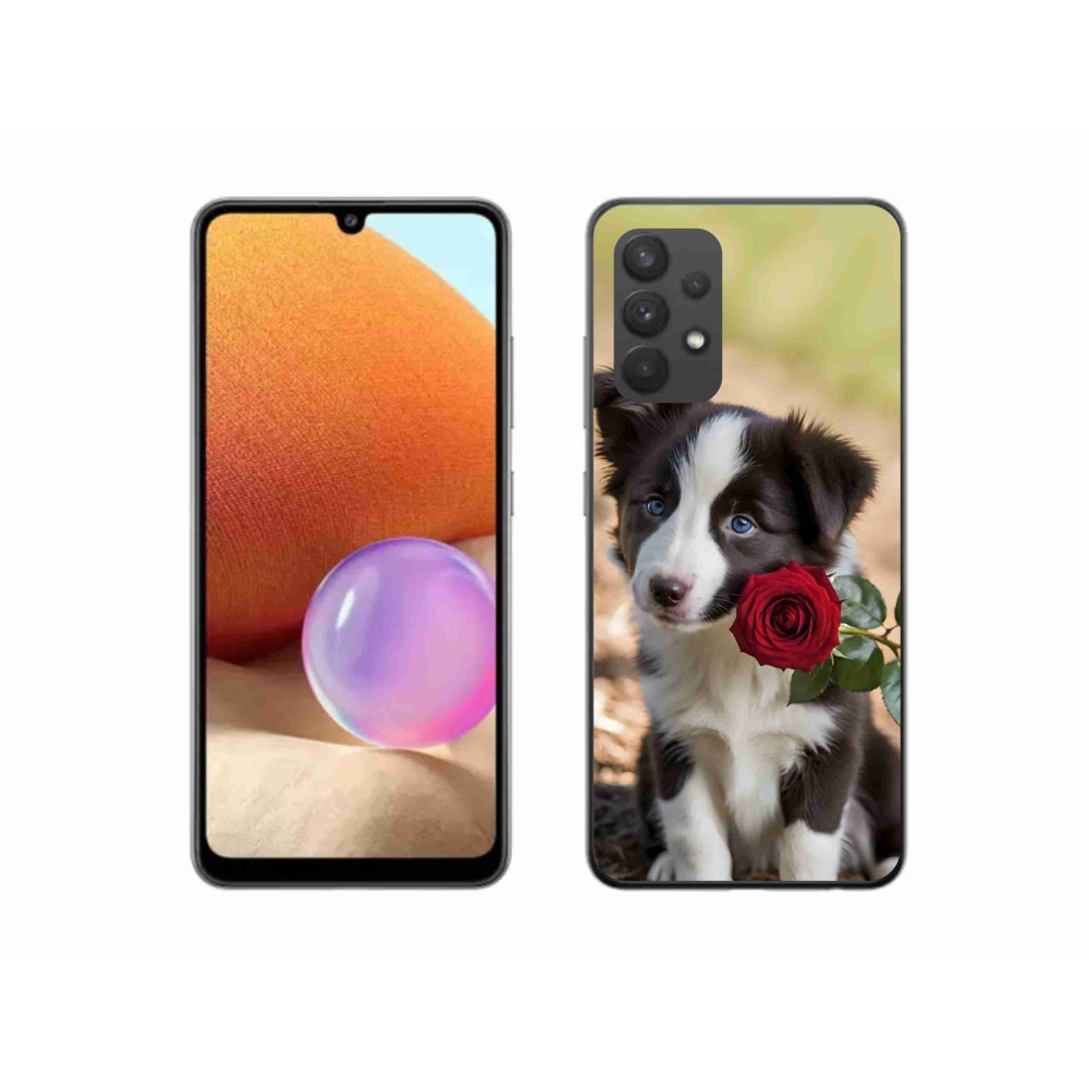 Gélový kryt mmCase na Samsung Galaxy A32 4G - roztomilá border kólia s ružou