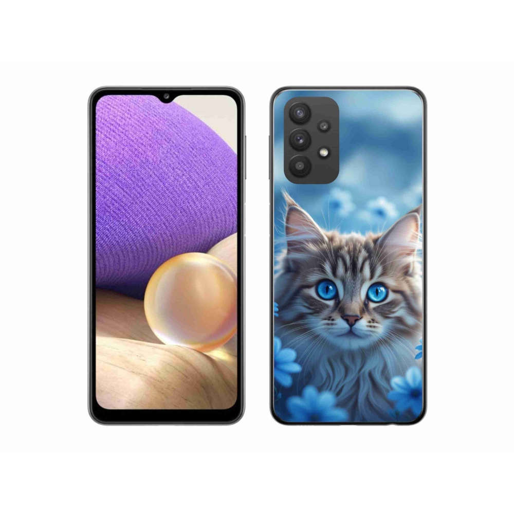 Gélový kryt mmCase na Samsung Galaxy A32 5G - mačiatko v modrých kvetoch