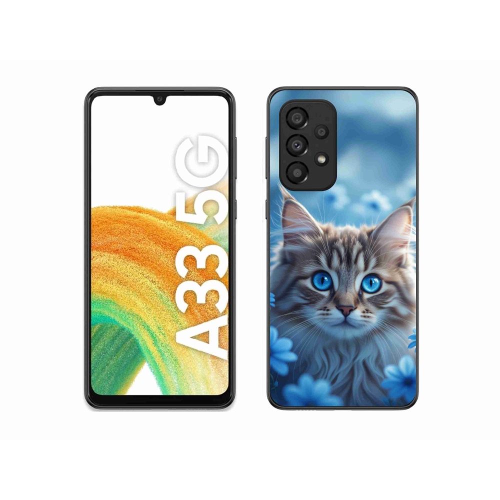 Gélový kryt mmCase na Samsung Galaxy A33 - mačiatko v modrých kvetoch