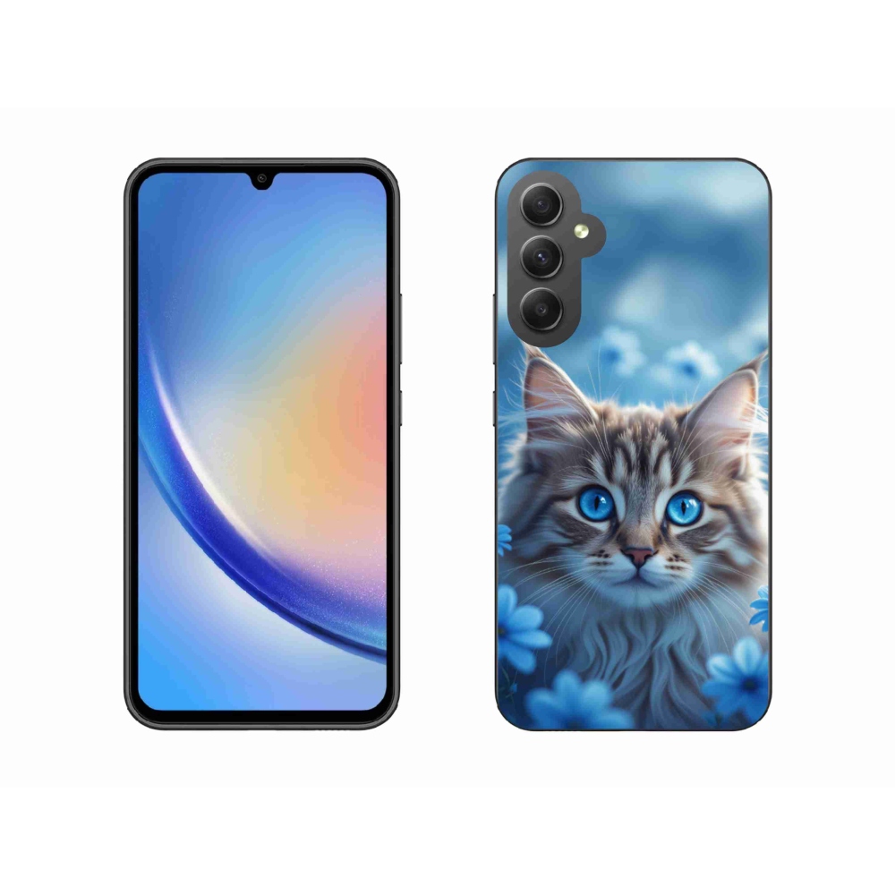 Gélový kryt mmCase na Samsung Galaxy A34 5G - mačiatko v modrých kvetoch