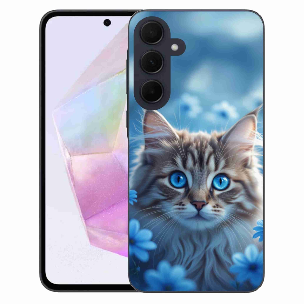 Gélový kryt mmCase na Samsung Galaxy A35 5G - mačiatko v modrých kvetoch