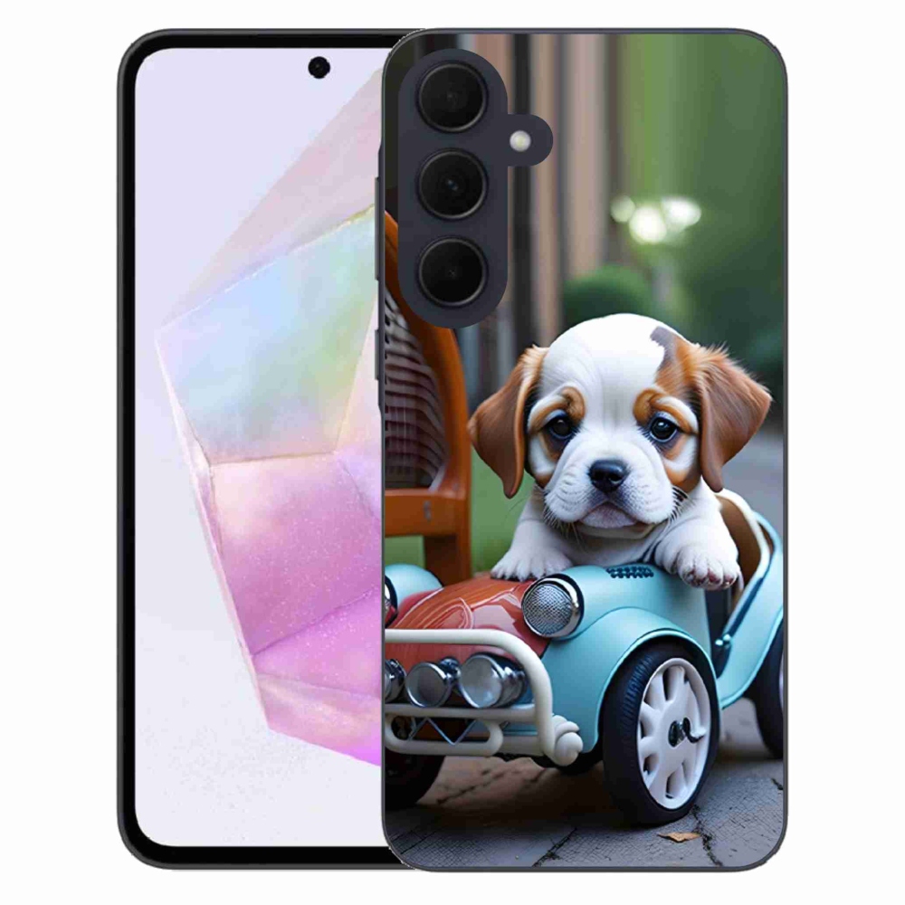 Gélový kryt mmCase na Samsung Galaxy A35 5G - šteňa v retro aute