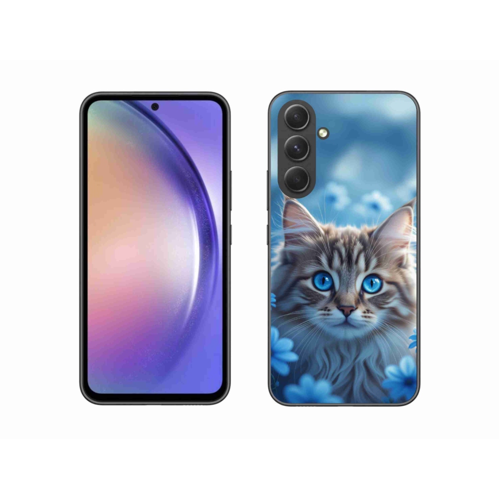 Gélový kryt mmCase na Samsung Galaxy A54 5G - mačiatko v modrých kvetoch