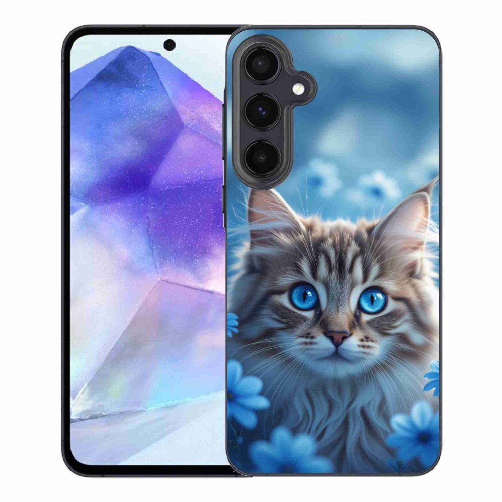 Gélový kryt mmCase na Samsung Galaxy A55 5G - mačiatko v modrých kvetoch