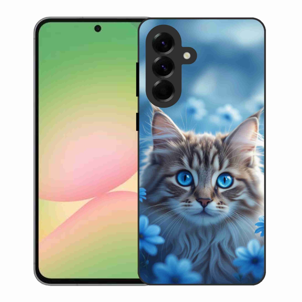 Gélový kryt mmCase na Samsung Galaxy A56 5G - mačiatko v modrých kvetoch