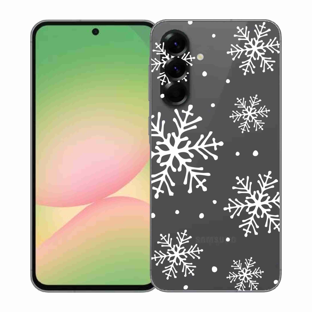 Gélový kryt mmCase na Samsung Galaxy A57 5G - biele vločky na priehľadnom pozadí