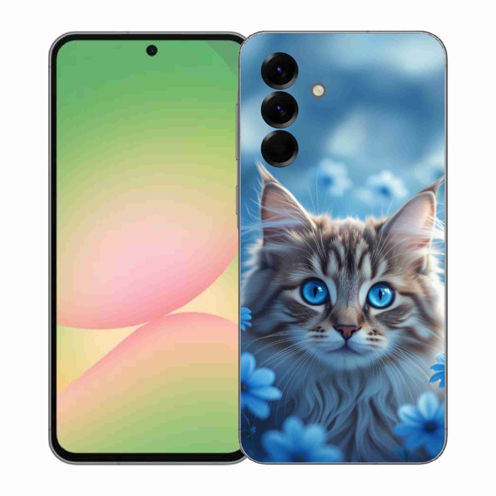 Gélový kryt mmCase na Samsung Galaxy A57 5G - mačiatko v modrých kvetoch