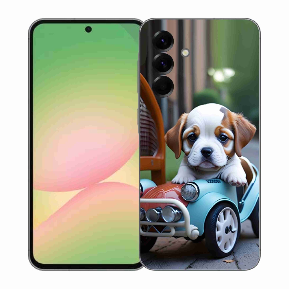 Gélový kryt mmCase na Samsung Galaxy A57 5G - šteňa v retro aute