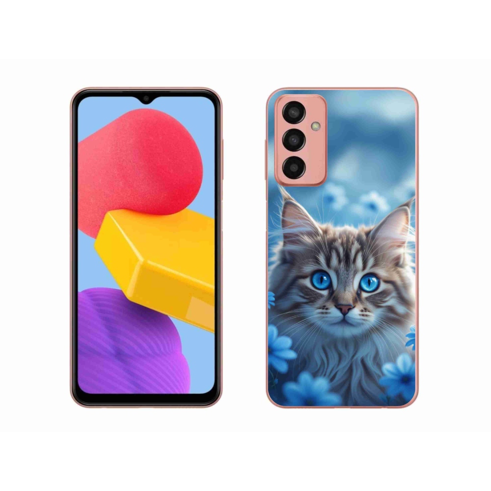 Gélový kryt mmCase na Samsung Galaxy M13 - mačiatko v modrých kvetoch