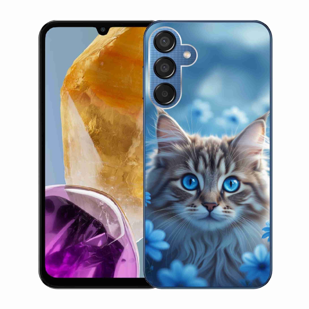 Gélový kryt mmCase na Samsung Galaxy M15 5G - mačiatko v modrých kvetoch