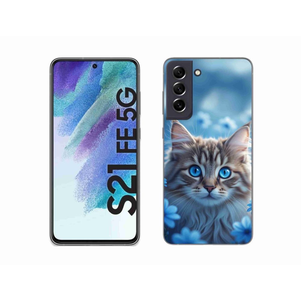 Gélový kryt mmCase na Samsung Galaxy S21 FE 5G - mačiatko v modrých kvetoch