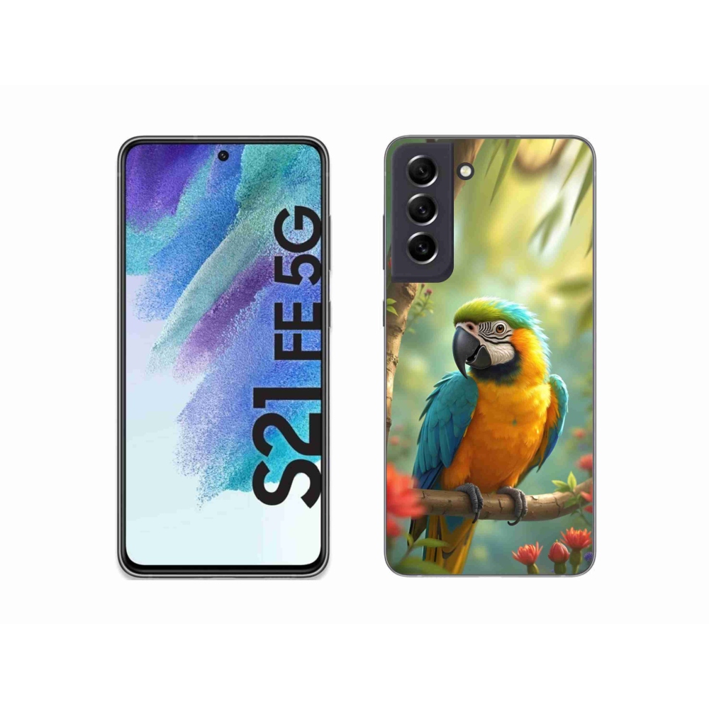 Gélový kryt mmCase na Samsung Galaxy S21 FE 5G - papagáj ara modrožltá