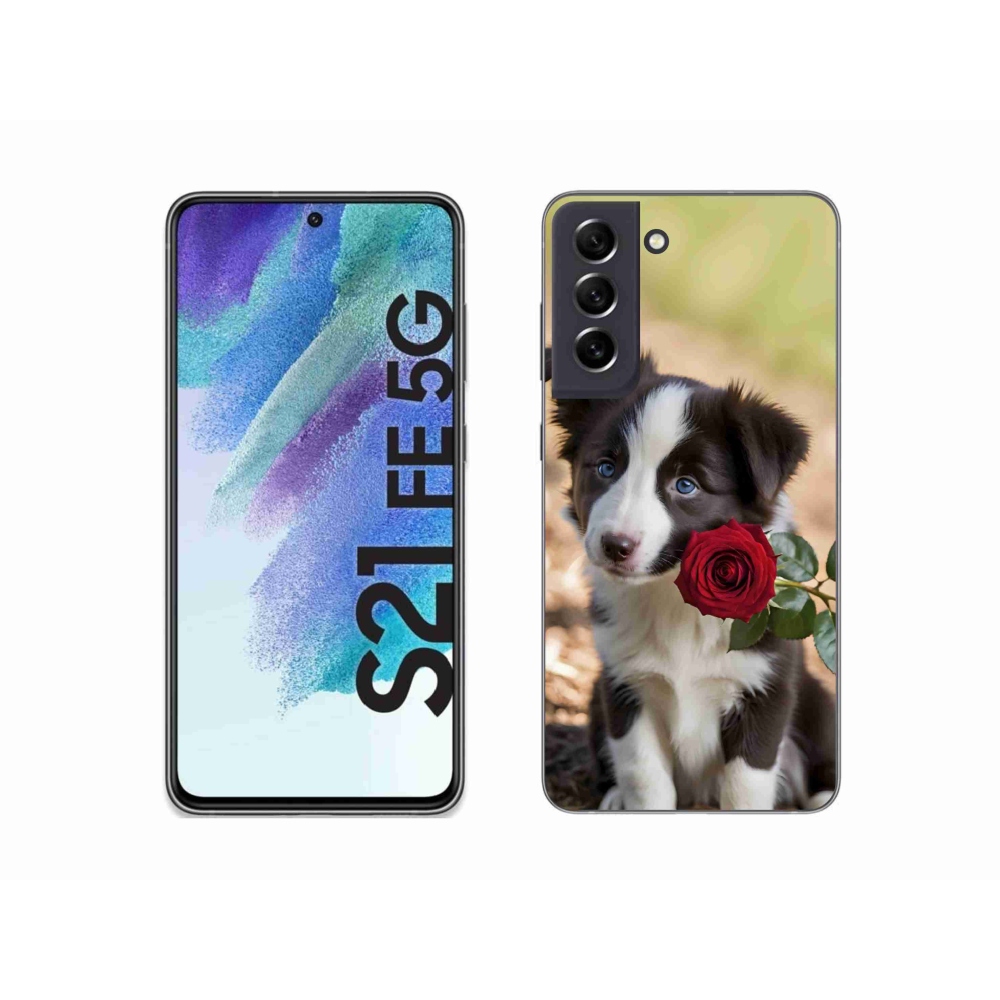 Gélový kryt mmCase na Samsung Galaxy S21 FE 5G - roztomilá border kólia s ružou